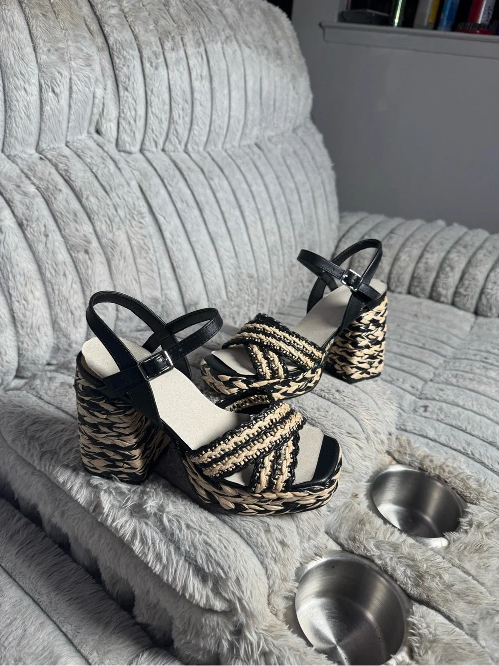 Marc Fisher Black and Natural Braided Platform Sandals